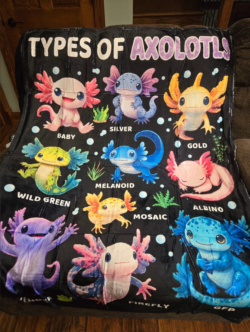 Axolotl Pattern Plush Throw Blanket - Black with Multicolor Axolotls